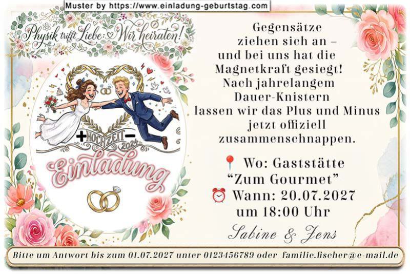 Die lustige Einladung zur Hochzeit: Physik trifft Liebe - Plus & Minus ziehen sich an