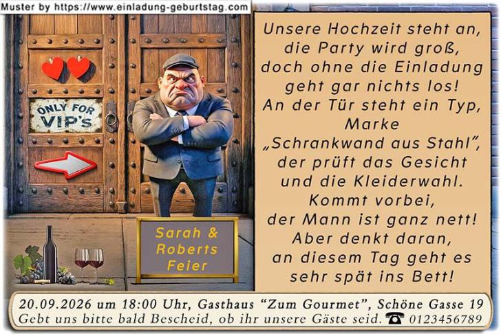 lustige Hochzeitseinladung mit witzigem änderbaren Text mit dem Türsteher