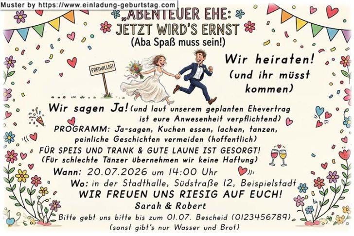 lustige Hochzeitseinladung mit witzigem änderbaren Text mit dem eiligen Paar auf dem Weg zum Standesamt