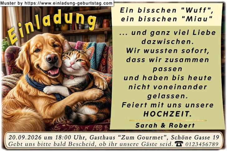 lustige Hochzeitseinladung mit witzigem änderbaren Text mit Hund und Katze