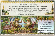 Die lustige Einladung zur Hochzeit - ein Froschpaar im Liegestuhl am Gartenteich stößt schon mal mit Sektgläsern an