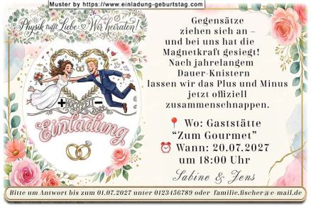Die lustige Einladung zur Hochzeit: Physik trifft Liebe - Plus & Minus ziehen sich an