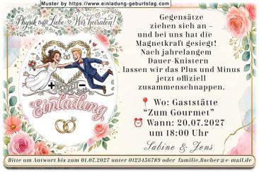 Die lustige Einladung zur Hochzeit: Physik trifft Liebe - Plus & Minus ziehen sich an