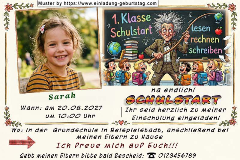 Die Einladung zur Einschulung mit dem Foto Ihres Kindes neben einem Bild von einem lustigen Lehrer