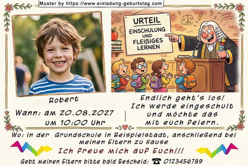 Die Einladung zur Einschulung mit dem Foto des Kindes neben einem lustigen Richter