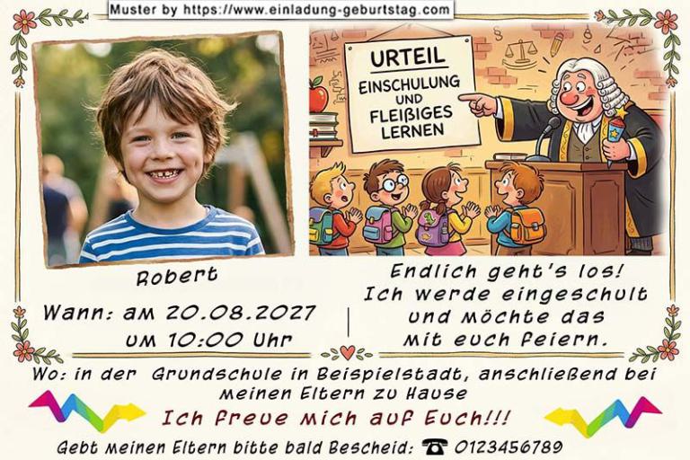Die Einladung zur Einschulung mit dem Foto des Kindes. Ein lustiger Richter verkündet sein Urteil: Einschulung und fleißiges lernen.