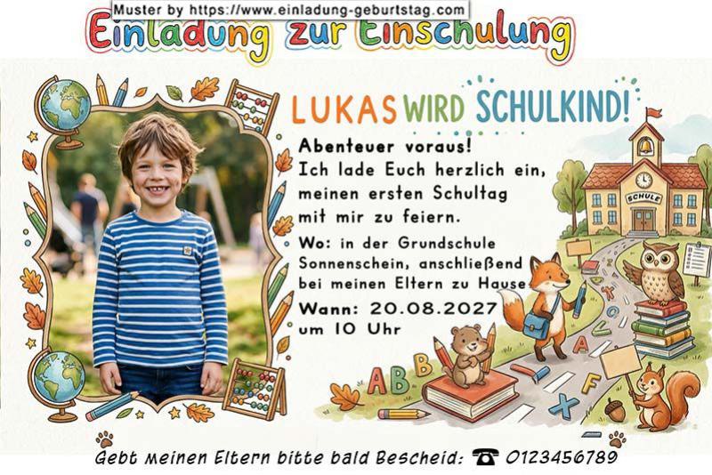 Die Einladung zur Einschulung mit dem Foto des Kindes und den lustigen Tieren neben dem Schulweg