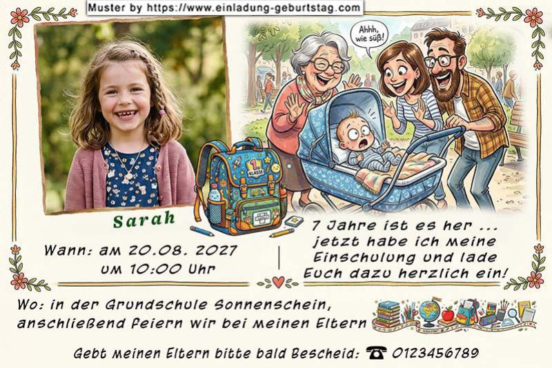 Die Einladung zur Einschulung mit dem Foto des Kindes neben einem lustigen Bild - Baby im Kinderwagen