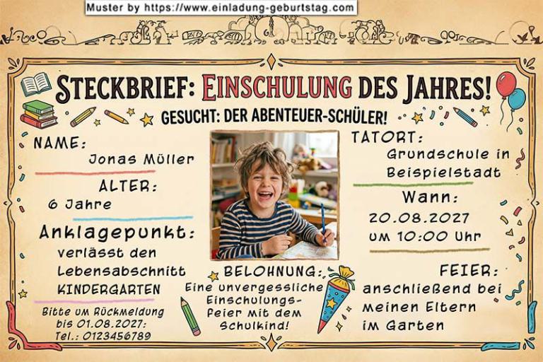 Die Einladung zur Einschulung mit dem Foto des Kindes auf einem Steckbrief: Einschulung des Jahres - gesucht: der Abenteuerschüler.