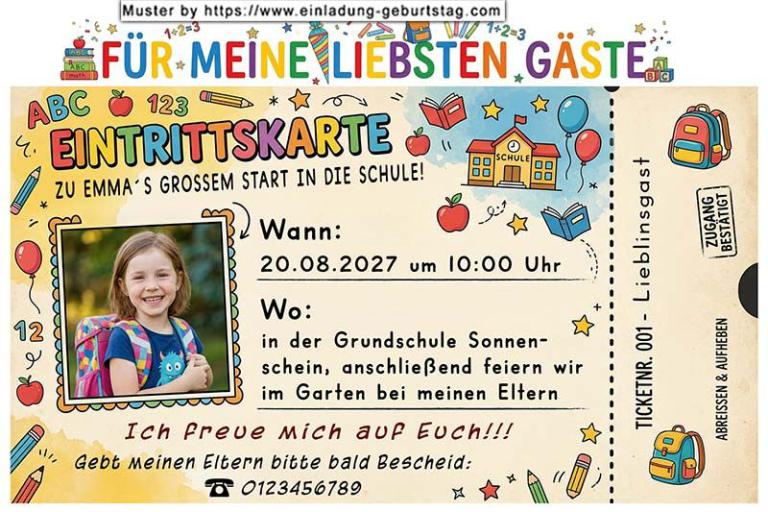 Die Einladung zur Einschulung mit dem Foto des Kindes auf einer Eintrittskarte für die Gäste. Das Foto wird links in das Ticket eingesetzt.