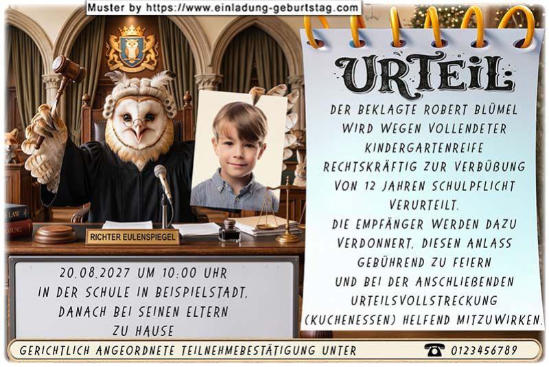 Die Einladung zur Einschulung mit dem Foto des Kindes und dem lustigen Richter Eule