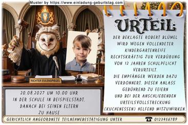 Die Einladung zur Einschulung mit dem Foto des Kindes und dem lustigen Richter Eule