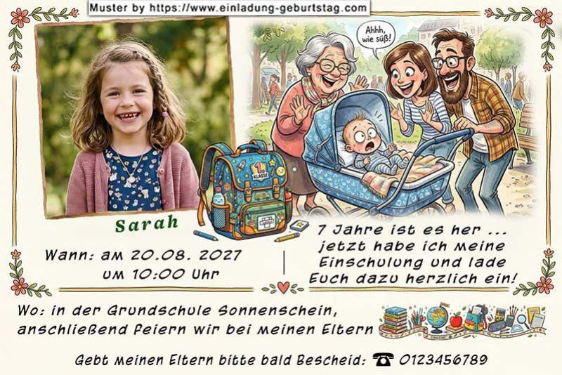 Die Einladung zur Einschulung mit dem Foto des Kindes neben einem lustigen Bild - Baby im Kinderwagen