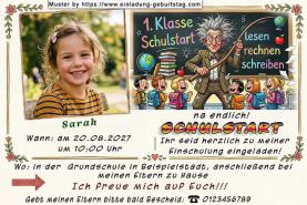 Die Einladung zur Einschulung mit dem Foto Ihres Kindes neben einem Bild von einem lustigen Lehrer