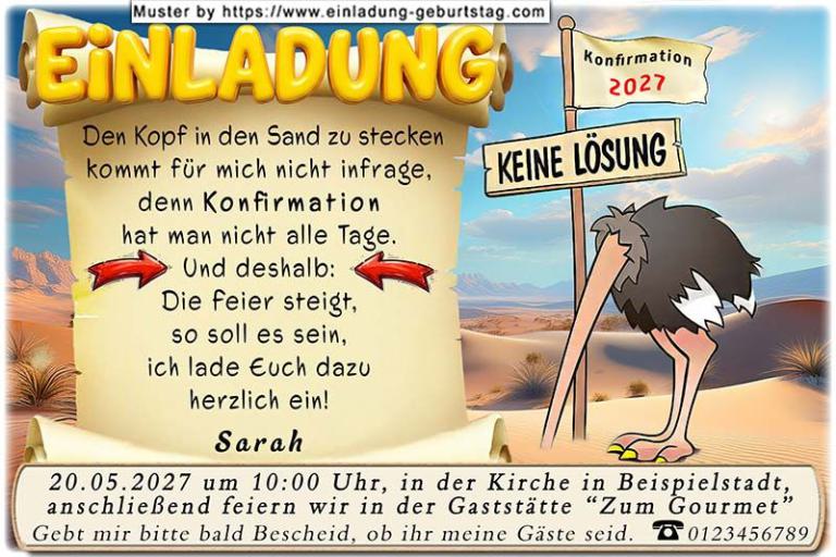 Die lustige Einladung zur Konfirmation mit dem Vogel Strauß - nicht den Kopf in den Sand stecken, sondern feiern!