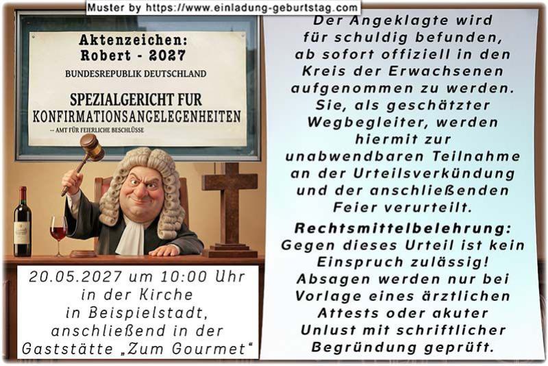 die lustige Einladung zur Konfirmation mit dem Spezialgericht für Konfirmationsangelegenheiten