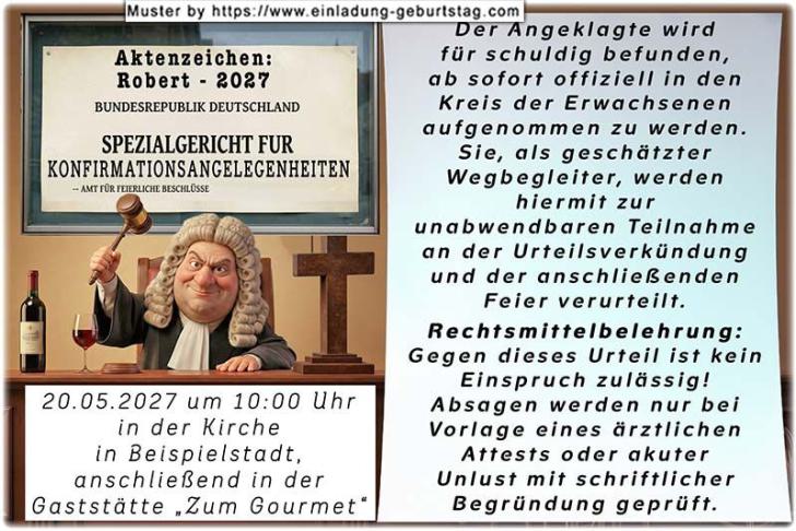 die lustige Einladung zur Konfirmation mit dem Spezialgericht für Konfirmationsangelegenheiten