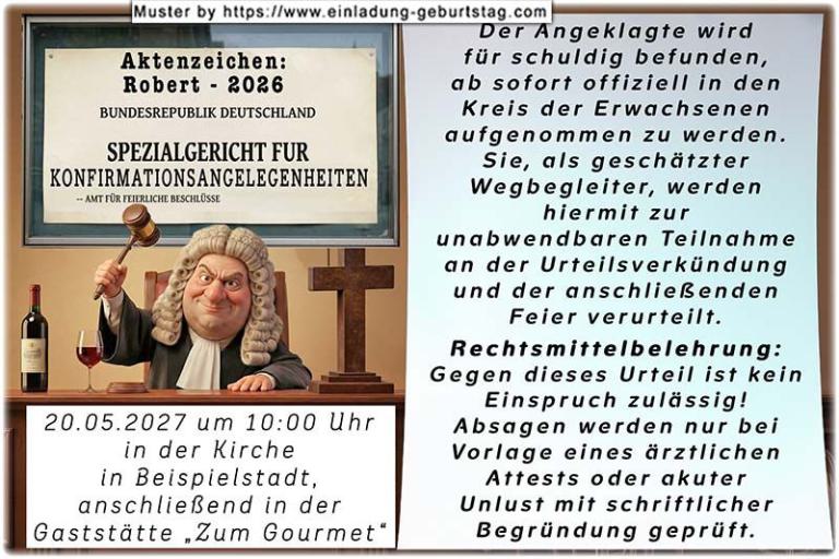 die lustige Einladung zur Konfirmation mit dem Spezialgericht für Konfirmationsangelegenheiten