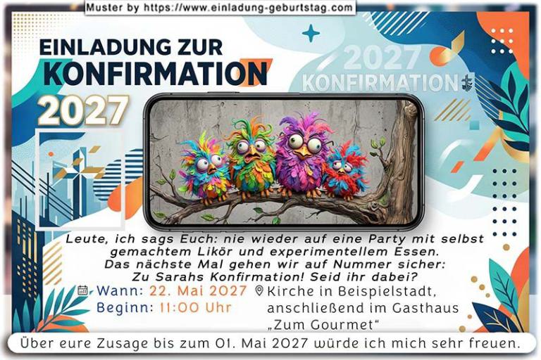Die lustige Einladung zur Konfirmation mit den lustigen bunten Vögeln