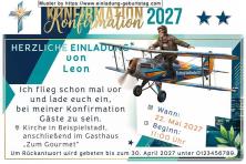 Die lustige Einladung zur Konfirmation mit dir auf einem Propellerflugzeug sitzend
