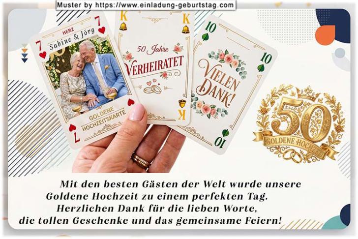 Die Danksagungskarte zur Goldenen Hochzeit mit Ihrem Foto auf einer von 3 Spielkarten in der Hand