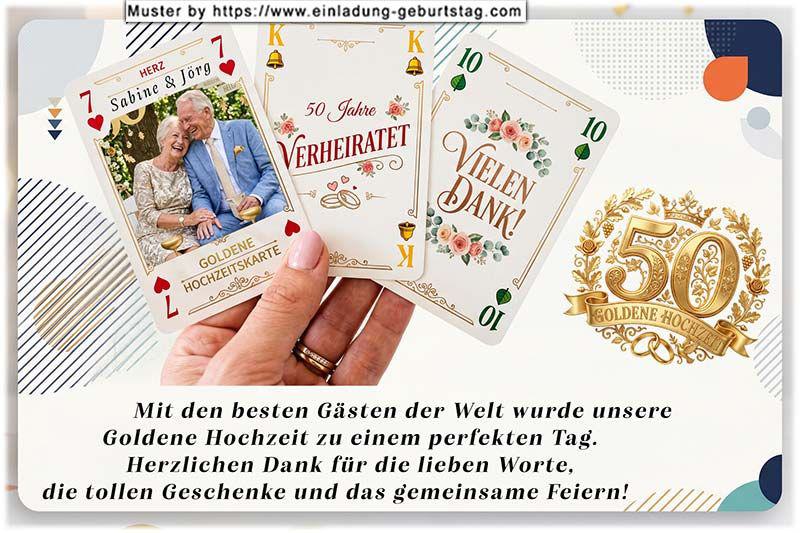 Die Danksagungskarte zur Goldenen Hochzeit mit Ihrem Foto auf einer von 3 Spielkarten in der Hand