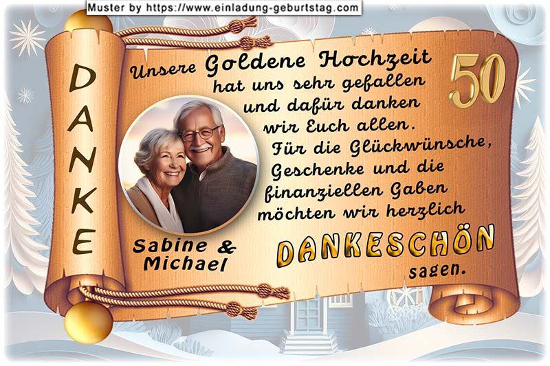Die Danksagungskarte zur Goldenen Hochzeit mit Ihrem Foto auf einer Goldpapierrolle