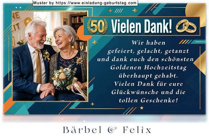 Die Danksagungskarte zur Goldenen Hochzeit mit Ihrem Foto dezent goldfarbig umrahmt