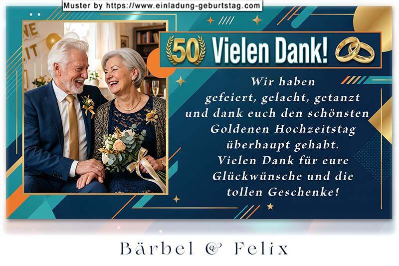 Die Danksagungskarte zur Goldenen Hochzeit mit Ihrem Foto dezent goldfarbig umrahmt