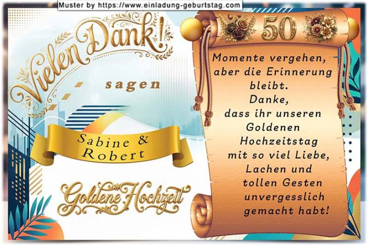 Die Danksagungskarte zur Goldenen Hochzeit mit Ihrem Text auf einer Goldpapierrolle.