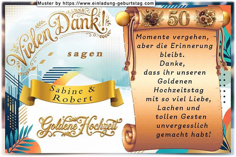 Die Danksagungskarte zur Goldenen Hochzeit mit Ihrem Text auf einer Goldpapierrolle.