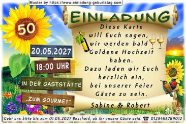 Die originelle Einladung zur Goldenen Hochzeit mit Ihrer Jubiläumszahl in einer Sonnenblume