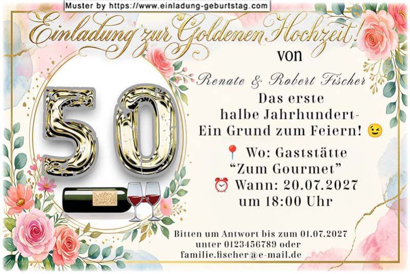 Die originelle Einladung zur Goldenen Hochzeit mit Ihrer Jubiläumszahl in Gold floral umrahmt