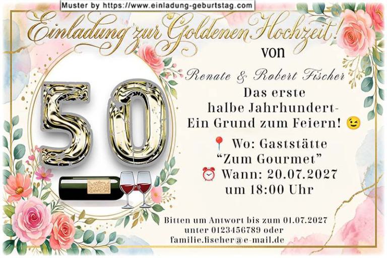 Die Einladung zur Goldenen Hochzeit mit dem Paar vor einem Sonnenuntergang