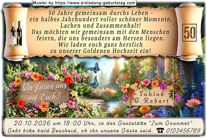 Die originelle Einladung zur Goldenen Hochzeit mit der Schriftrolle vor einer Traumlandschaft