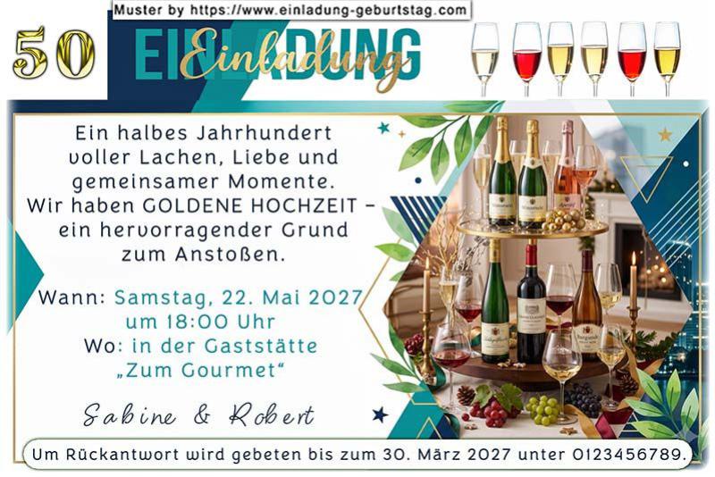 Die originelle Einladung zur Goldenen Hochzeit, die Ihren Gästen zeigt, es ist Zeit darauf anzustoßen
