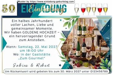 Die originelle Einladung zur Goldenen Hochzeit, die Ihren Gästen zeigt, es ist Zeit darauf anzustoßen