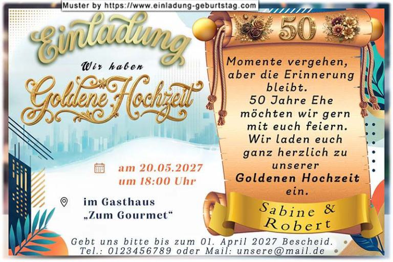 Die Einladung zur Goldenen Hochzeit mit dem Schild Hand in Hand