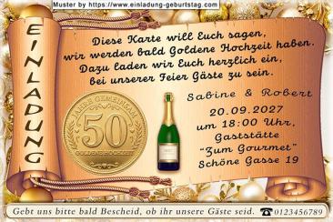 Die originelle Einladung zur Goldenen Hochzeit mit der goldenen Schriftrolle für Ihren Text
