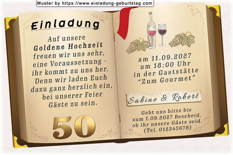 Die originelle Einladung zur Goldenen Hochzeit mit Ihrem Text auf 2 Seiten eines aufgeschlagenen Buches