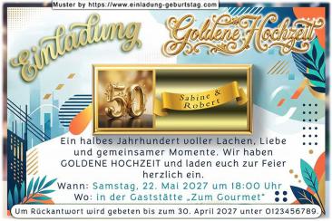 Die originelle Einladung zur Goldenen Hochzeit mit Ihren Namen auf einem Schleifenband, das sich auf einem Goldbarren befindet