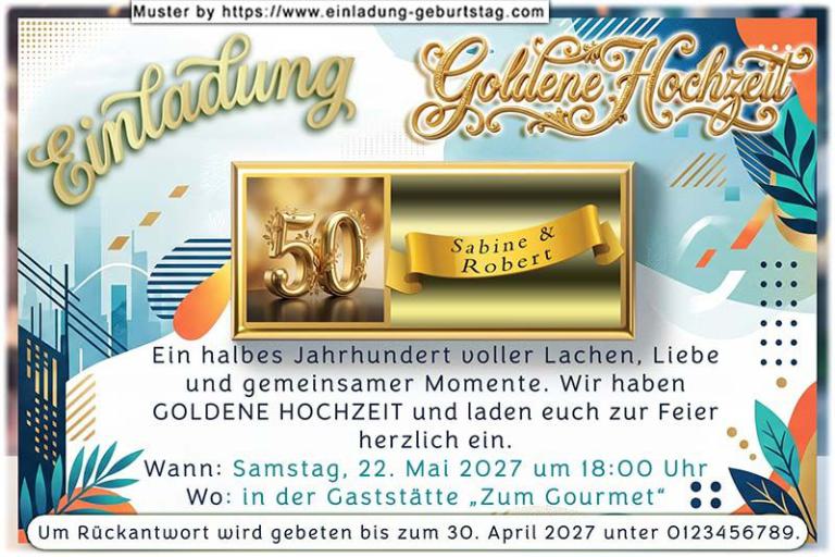 Die Einladung zur Goldenen Hochzeit mit dem gelben Hinweisschild