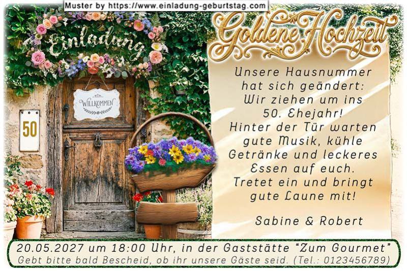Die originelle Einladung zur Goldenen Hochzeit mit der Haustür, neben der sich ein Hausnummernschild mit der Zahl 50 befindet