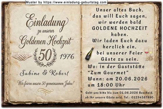 Die Einladung zur Goldenen Hochzeit mit Ihrem Text in einem alten Buch