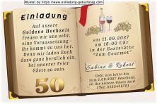 Die originelle Einladung zur Goldenen Hochzeit mit Ihrem Text auf 2 Seiten eines aufgeschlagenen Buches