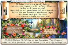 Die originelle Einladung zur Goldenen Hochzeit mit der Schriftrolle vor einer Traumlandschaft