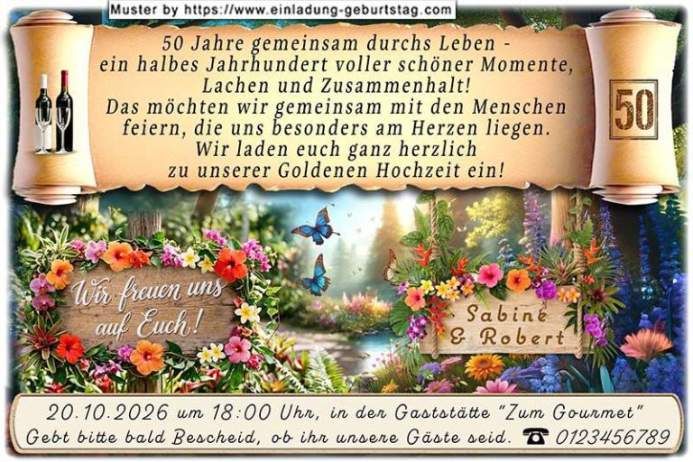 Die originelle Einladung zur Goldenen Hochzeit mit der Schriftrolle vor einer Traumlandschaft