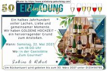 Die originelle Einladung zur Goldenen Hochzeit, die Ihren Gästen zeigt, es ist Zeit darauf anzustoßen
