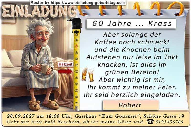 Die lustige Einladung zum Geburtstag mit dem Mann, der auf der Bettkante sitzt und seine Feier plant.
