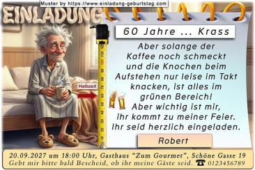Die lustige Einladung zum Geburtstag mit dem Mann, der auf der Bettkante sitzt und seine Feier plant.